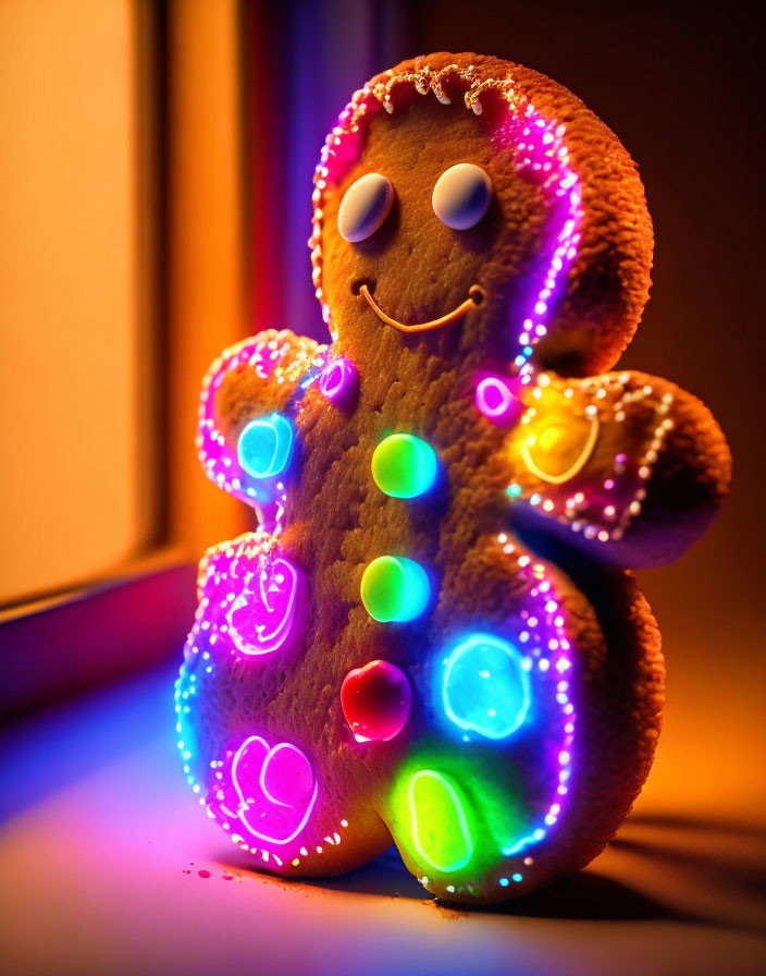 Colorful Gingerbread Figure with Glowing Lights on Gradient Background