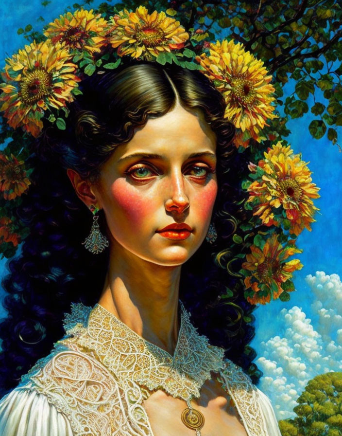 Portrait of woman with dark hair, floral crown, lace dress, pendant, under blue sky.