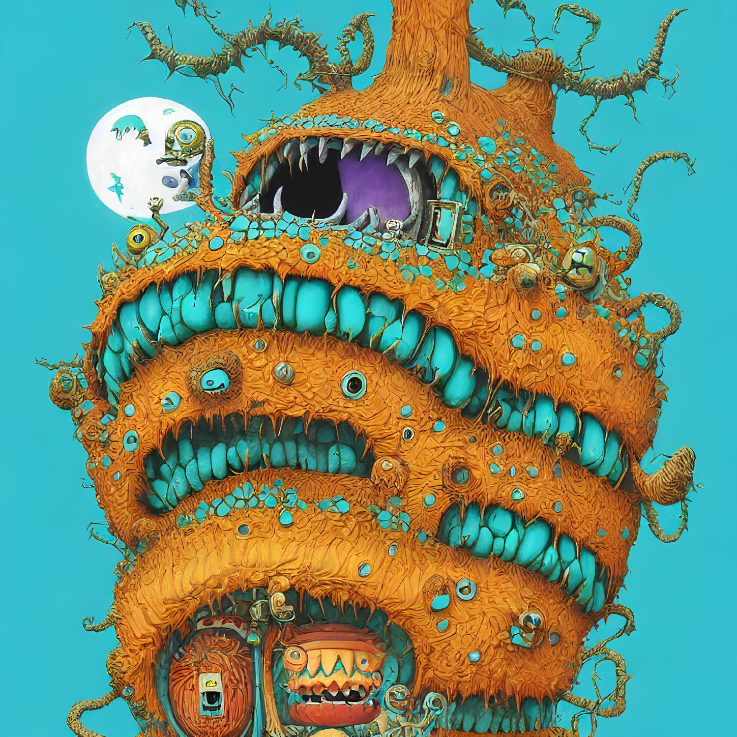 Vibrant orange tree-monster with multiple eyes and mouths on turquoise background