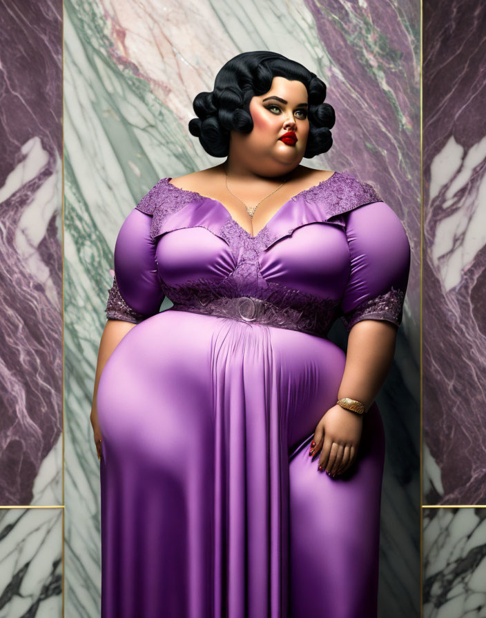 Plus-size woman in purple dress with black hair on marble background