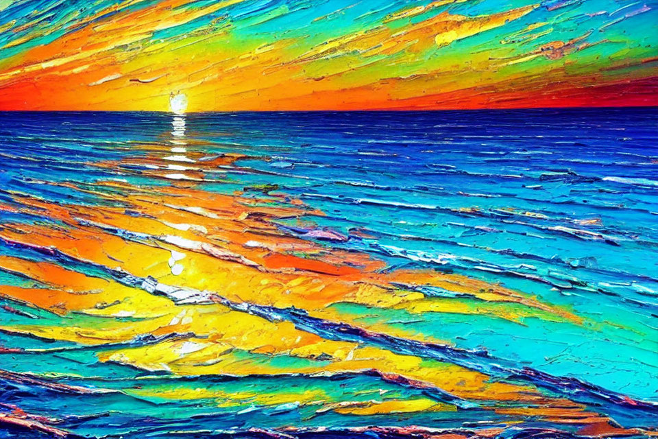 Colorful sunset painting with blue, orange, and yellow hues reflecting on water