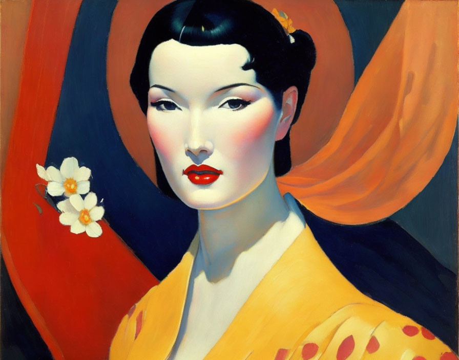 Stylized painting of woman with pale skin, red lips, black updo, yellow garment,