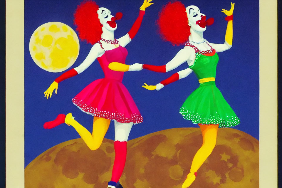 Colorful Clowns Dancing Joyfully Against Blue Backdrop