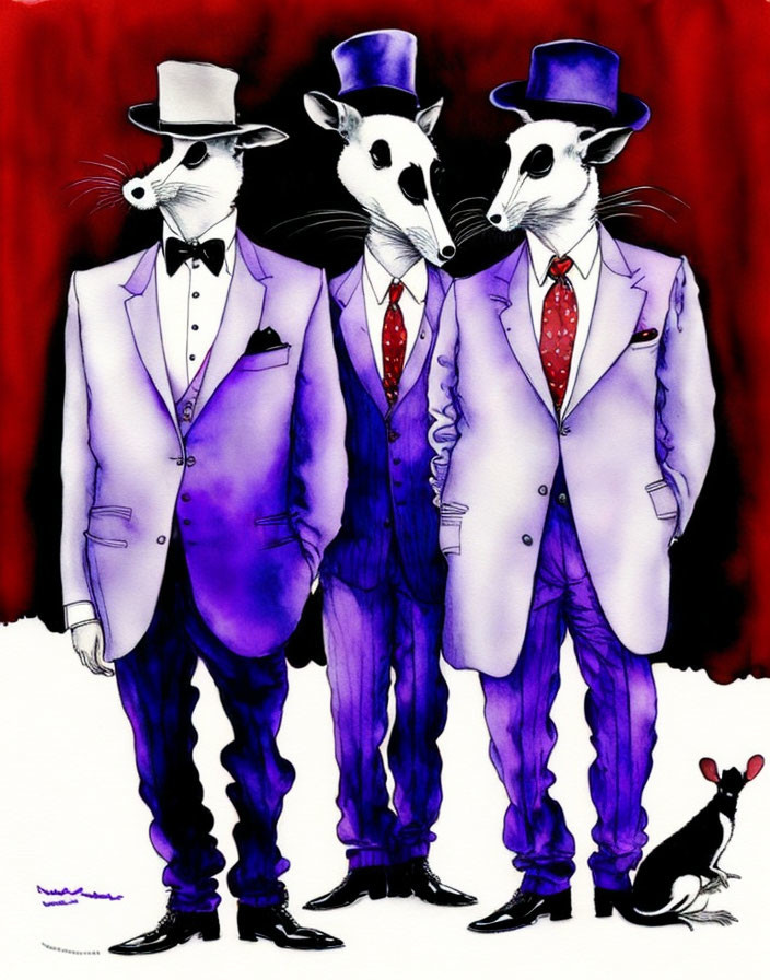 Anthropomorphic rats in suits and top hats on red background