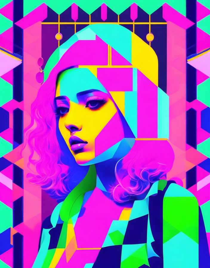 Neon-colored digital artwork of stylized woman with flowing hair