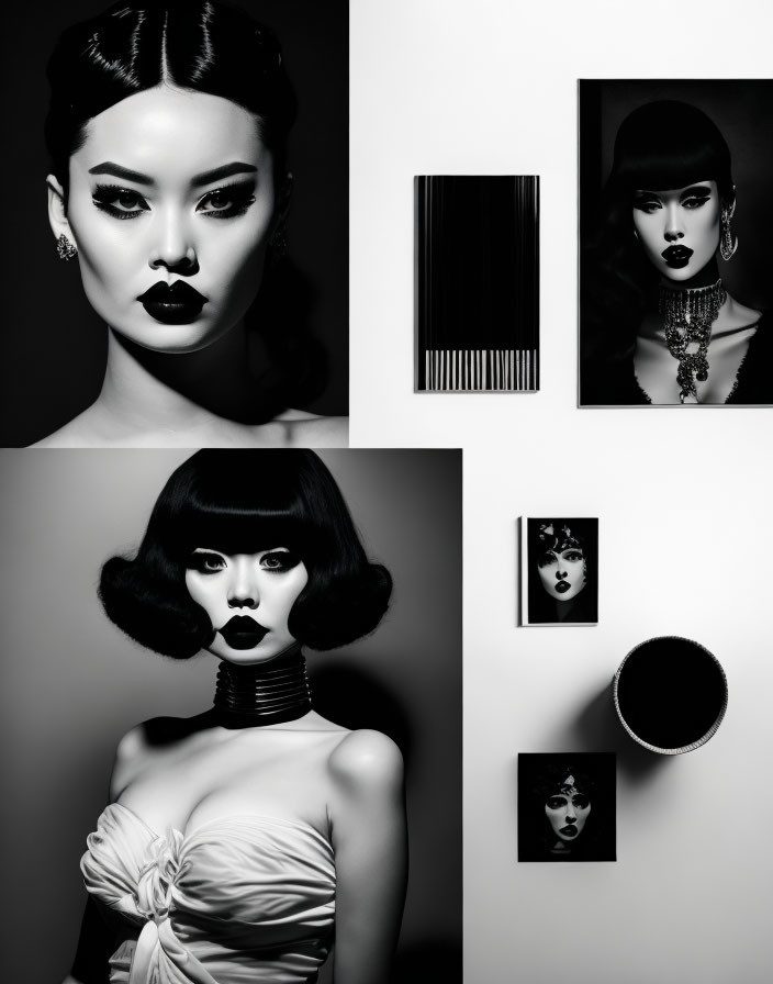 Monochrome collage of stylized woman with retro makeup and hair