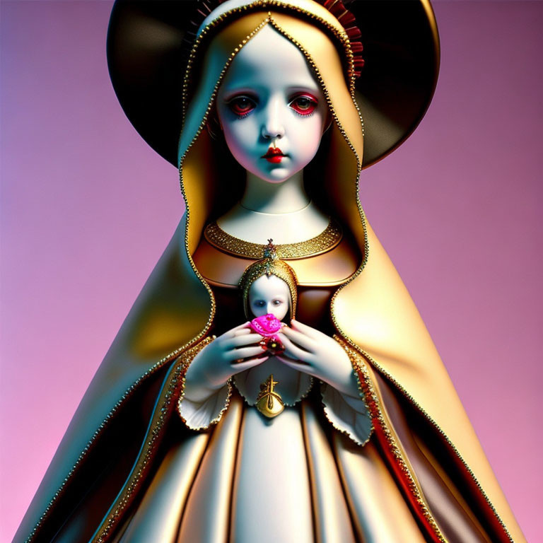 Surreal digital artwork: doll-like figure with large eyes and small figure in similar attire on pink