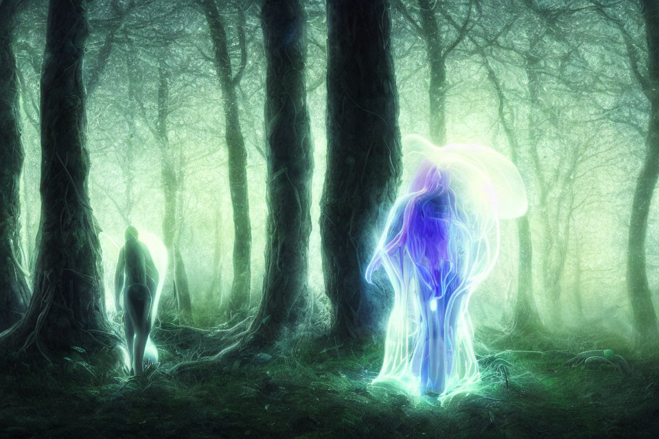 Ethereal beings in mystical forest emit neon glow