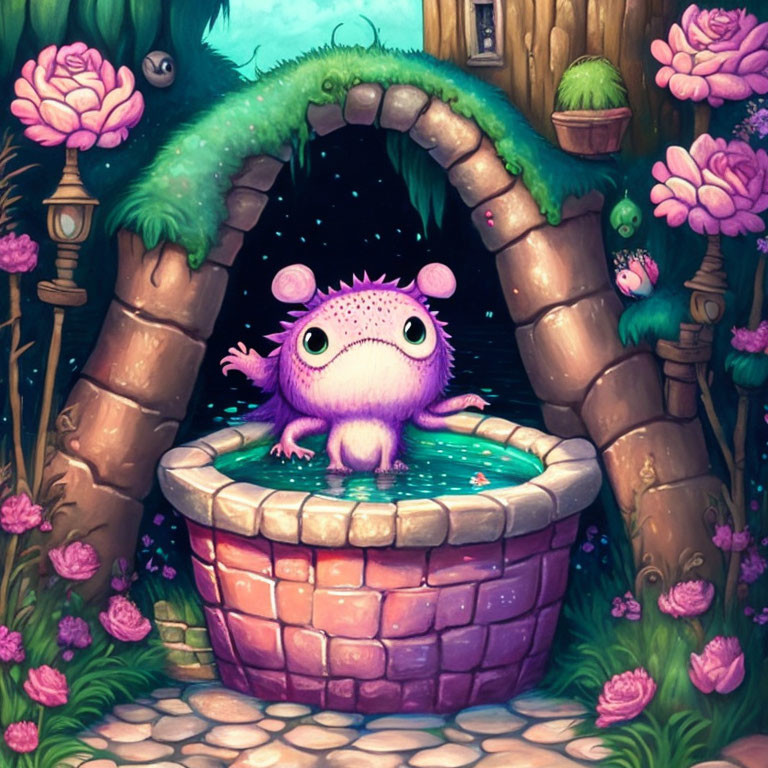 Purple Cartoon Creature Peeking from Stone Well in Lush Greenery