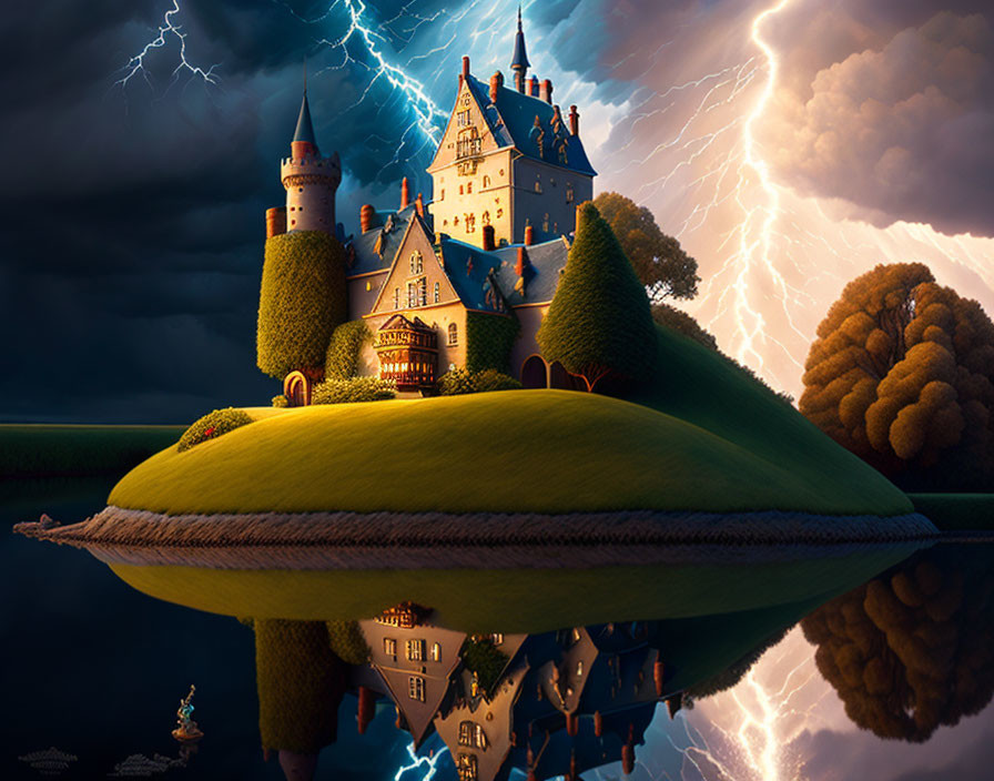 Castle on Grassy Hill Reflected in Water with Lightning Sky