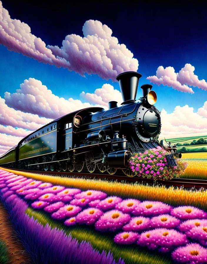 Colorful steam train in flower-filled countryside.