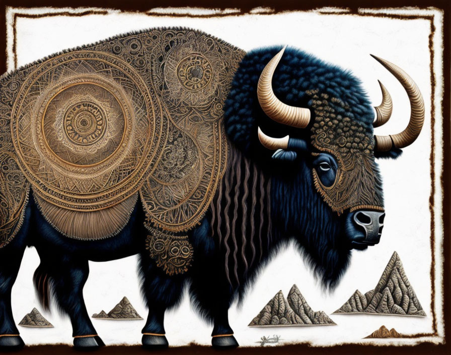 Detailed Bison Illustration with Circular Patterns and Pyramids in Desert