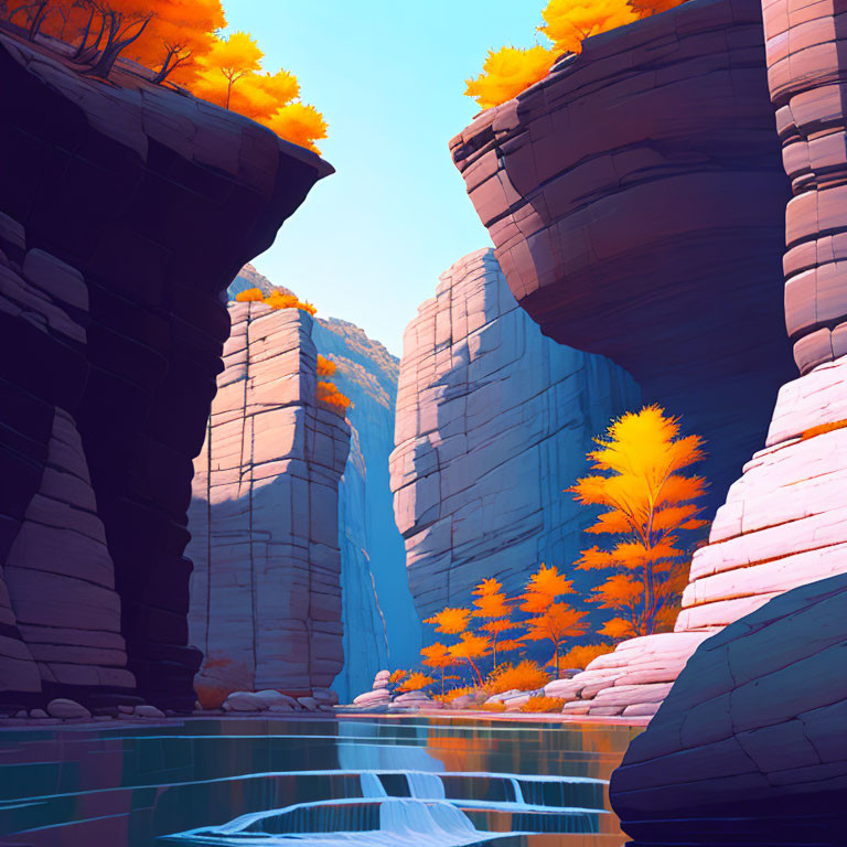 Digital artwork: Serene canyon with waterfall, towering cliffs, autumn trees.