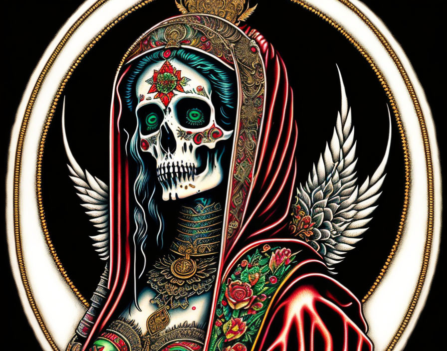 Skeletal figure with skull and wings, red cloak, golden oval patterns