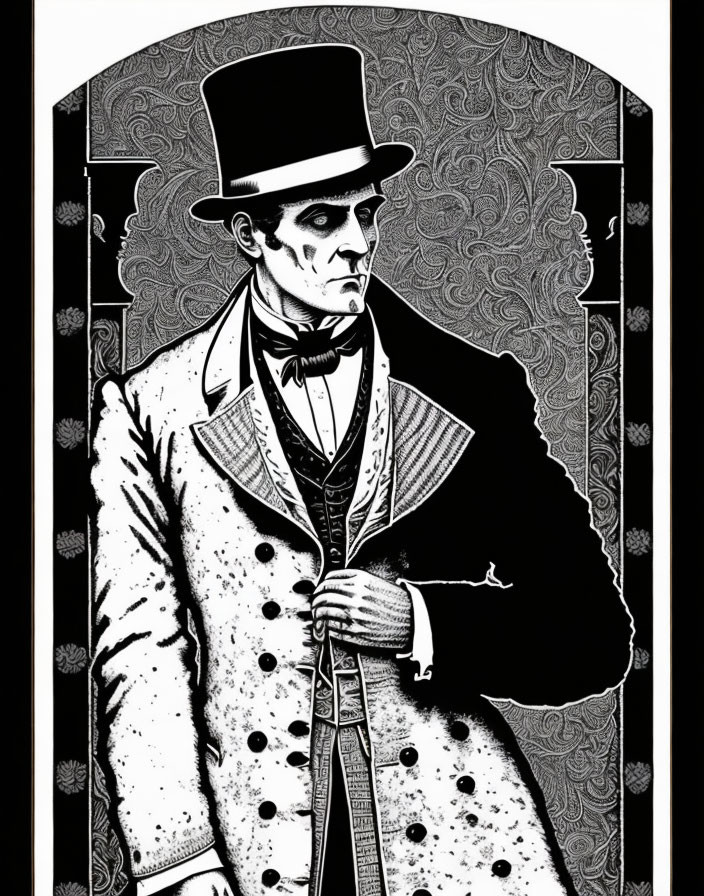 Monochrome vintage man illustration with top hat and bow tie