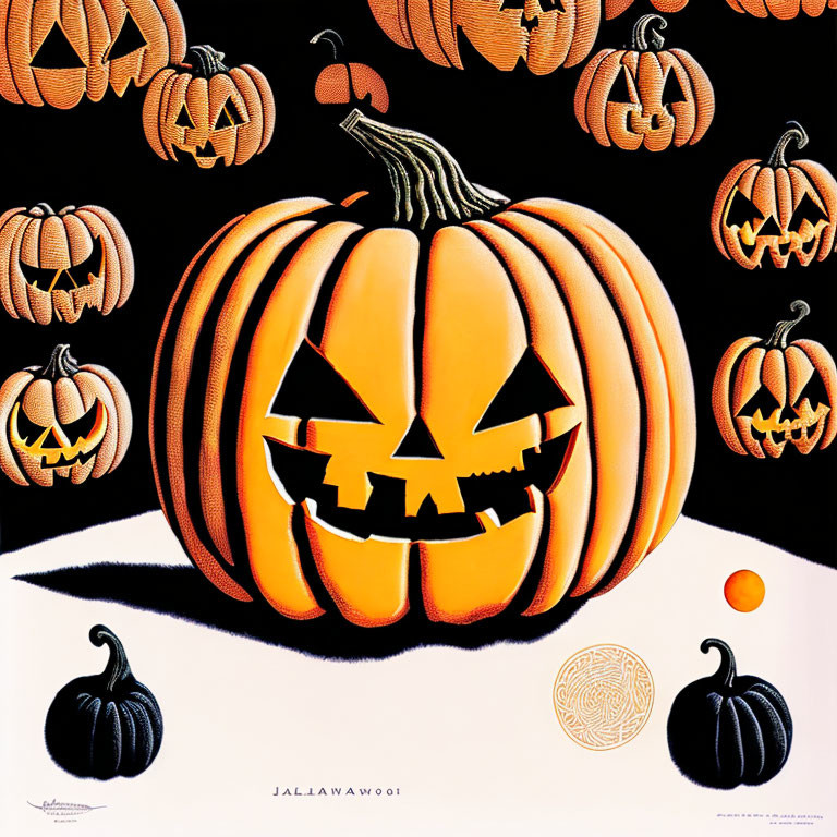 Whimsical Jack-o'-Lantern Art on Black Background