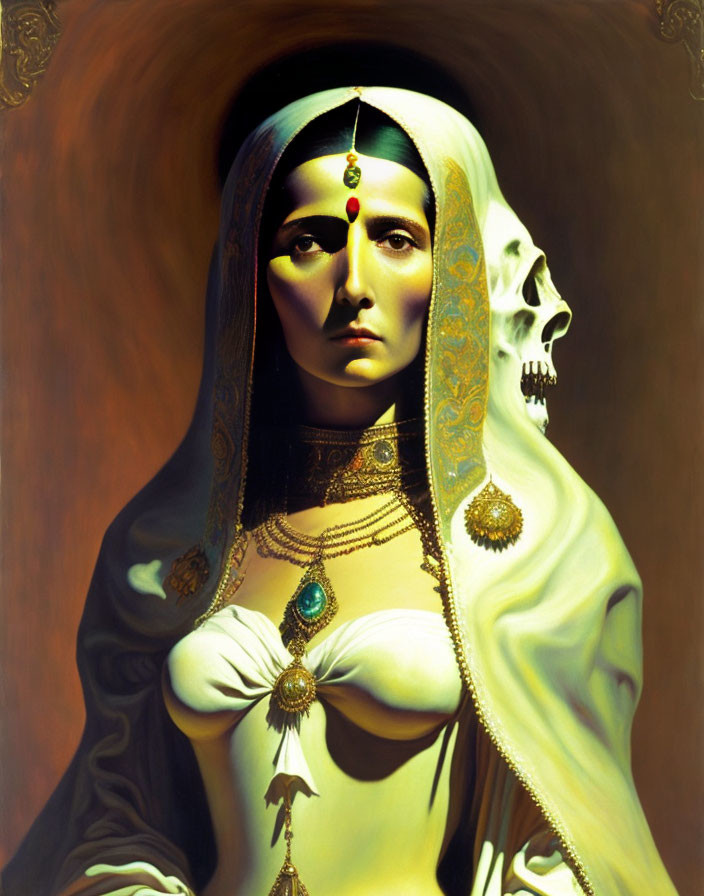 Digital artwork featuring woman's face and skull with traditional Indian jewelry and attire on warm background