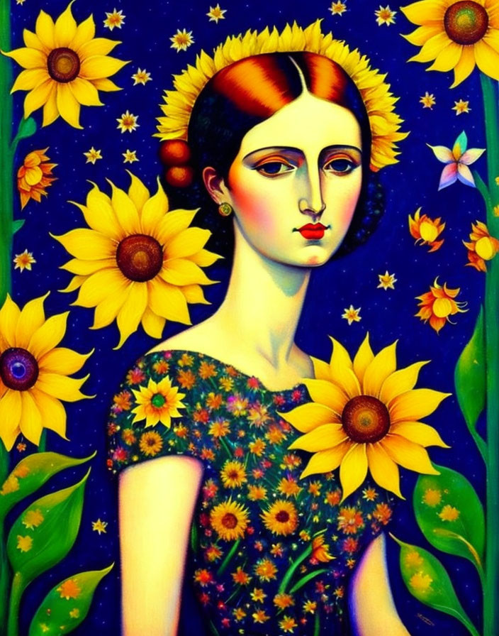 Serene woman portrait in sunflower dress against starry backdrop