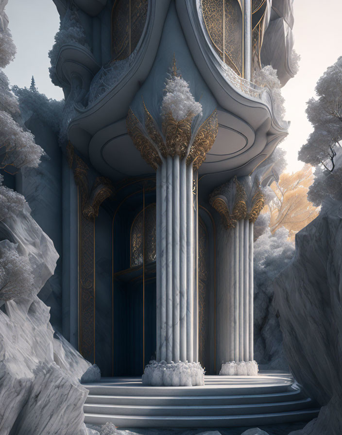 Fantasy building with tall columns and gold details in snowy landscape