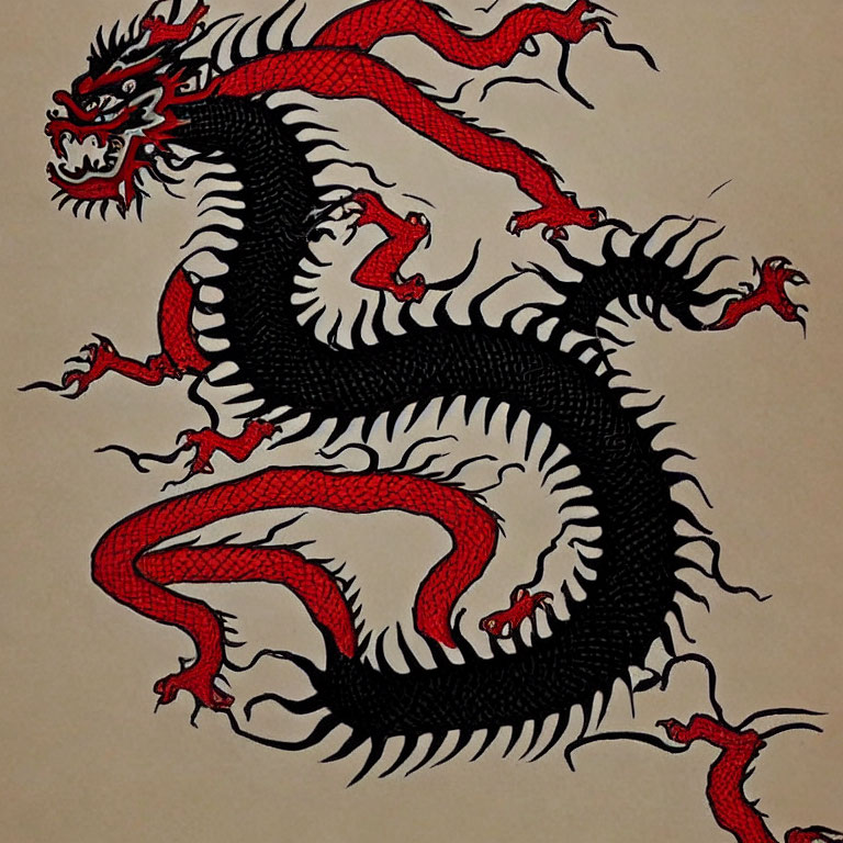 Detailed Black and Red Dragon Illustration with Fierce Expression