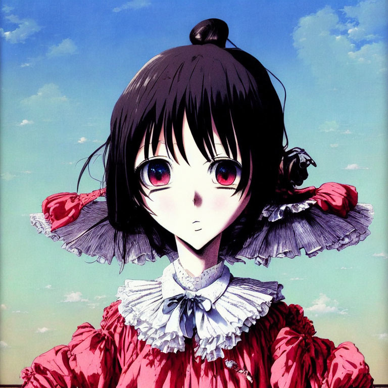 Red-eyed girl in black hair and Victorian dress under blue sky