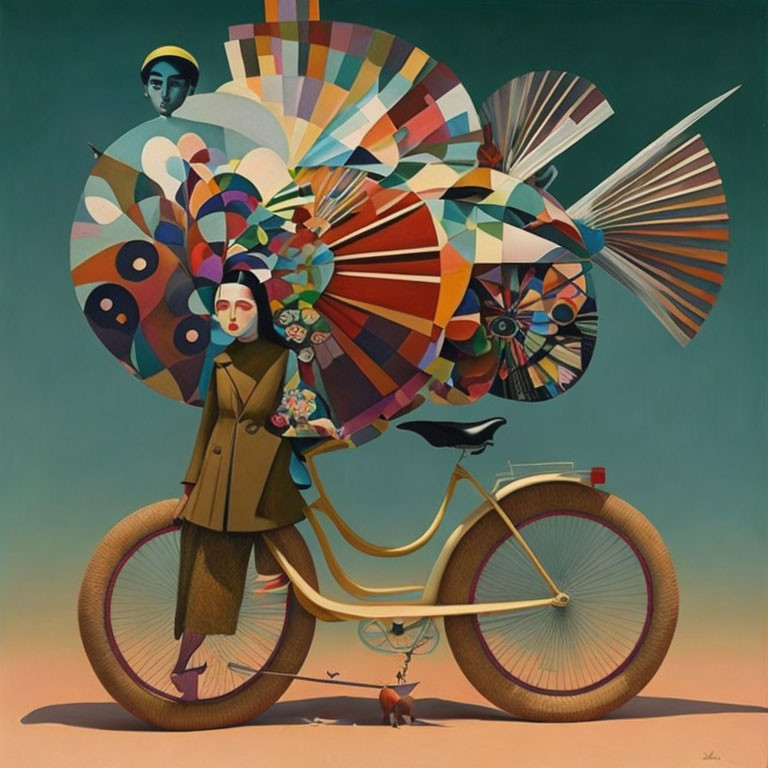 Surreal painting: Person on bicycle with vibrant circular array, small figure on shoulder, tiny creature