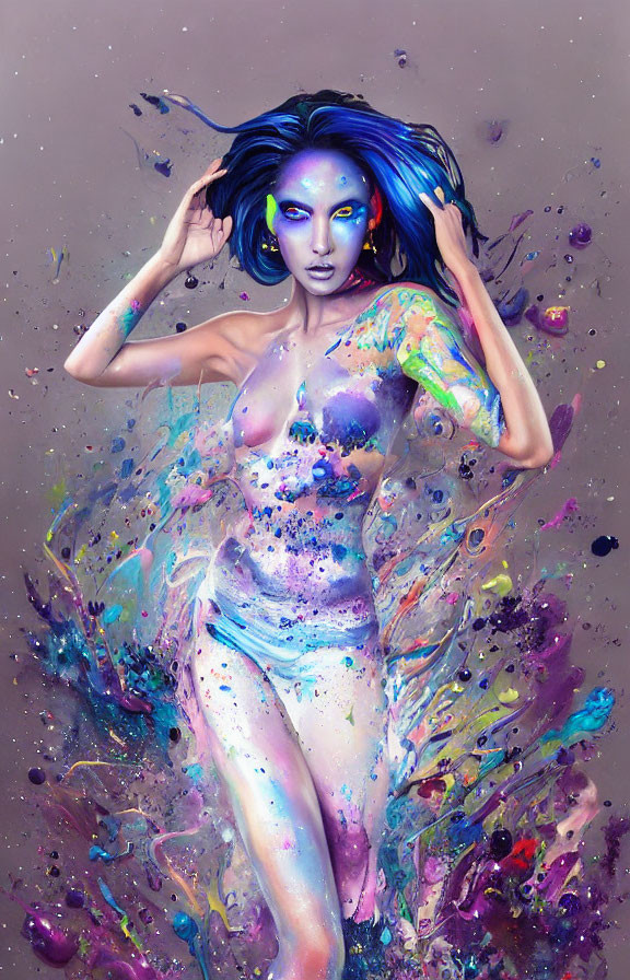 Colorful digital painting of a woman with blue hair and purple eyes