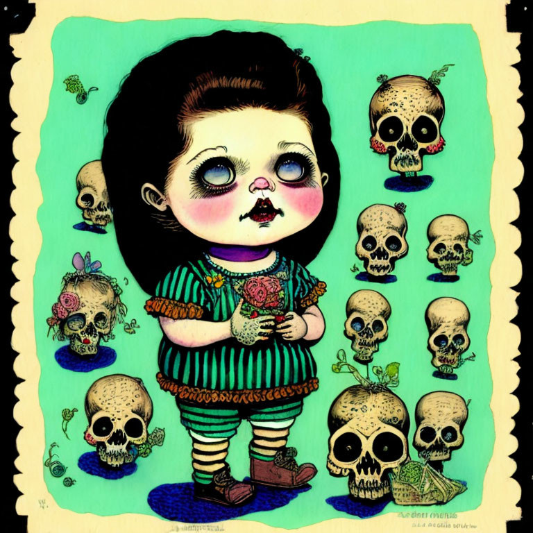 Child Holding Heart Surrounded by Skulls on Teal Background