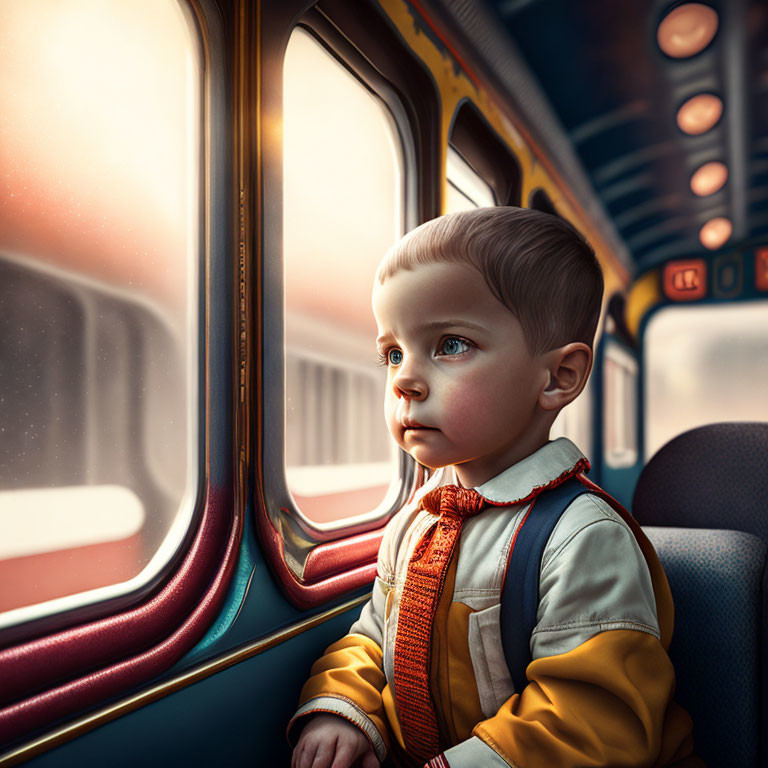 Young Child on Train Looking out Window with Backpack in Sunlight