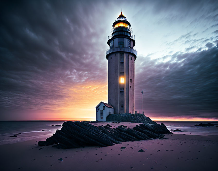 Majestic lighthouse on rocky shore at sunset sky