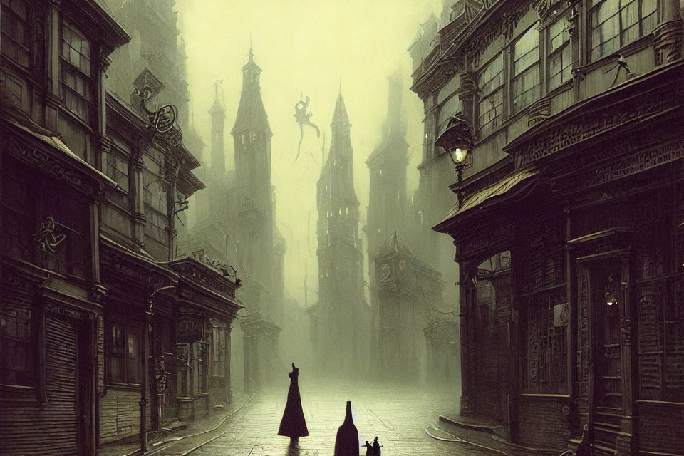 Person and cat in foggy Gothic city street with ornate buildings