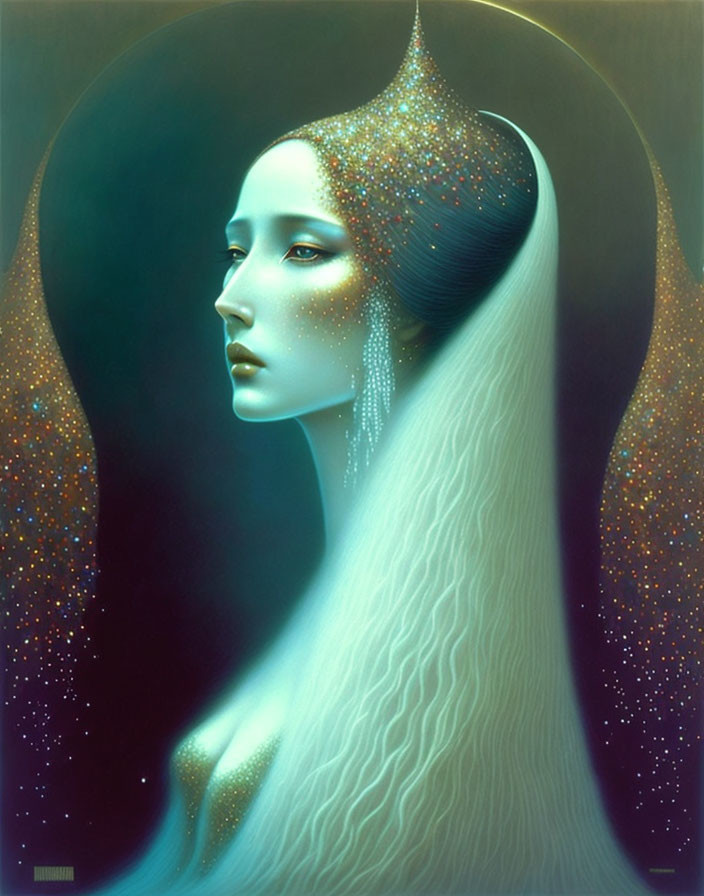 Surreal portrait of woman with flowing hair in starry background