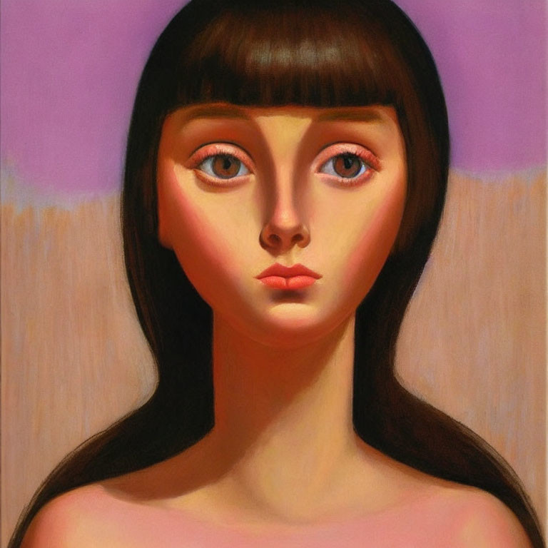 Portrait of a girl with large eyes and straight brown hair on purple and peach backdrop