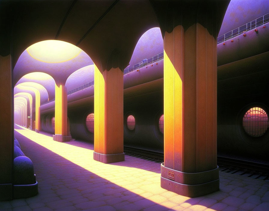 Deserted station platform with sunlight filtering through archway