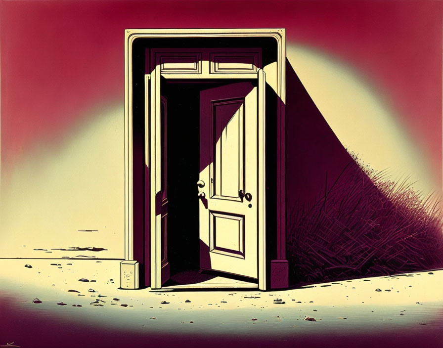 Surreal illustration: Open door to red landscape with dark shadows