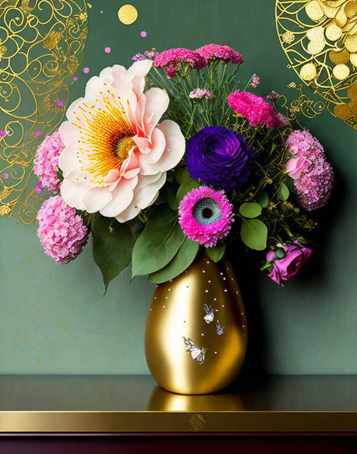 Colorful Flowers in Golden Vase with Butterfly Motifs on Green Background