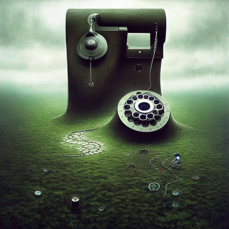 Surreal giant rotary phone artwork on grass with bird and smaller elements