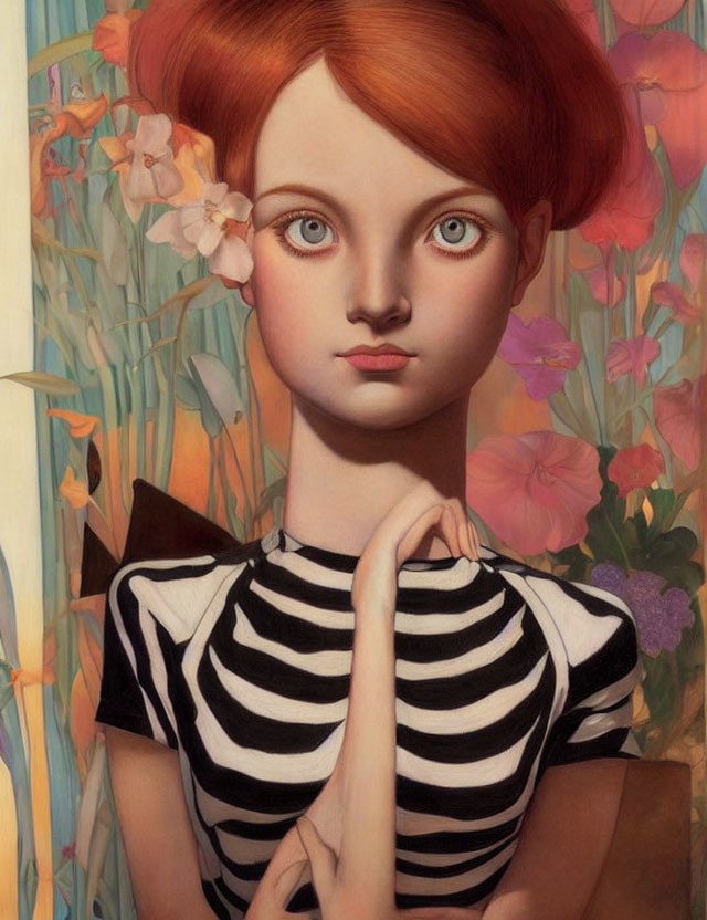 Portrait of a girl with large eyes, red hair, striped shirt, flowers, and a butterfly