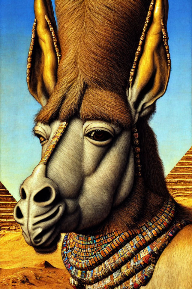 Surreal painting: Donkey with Egyptian pharaoh attire in desert landscape