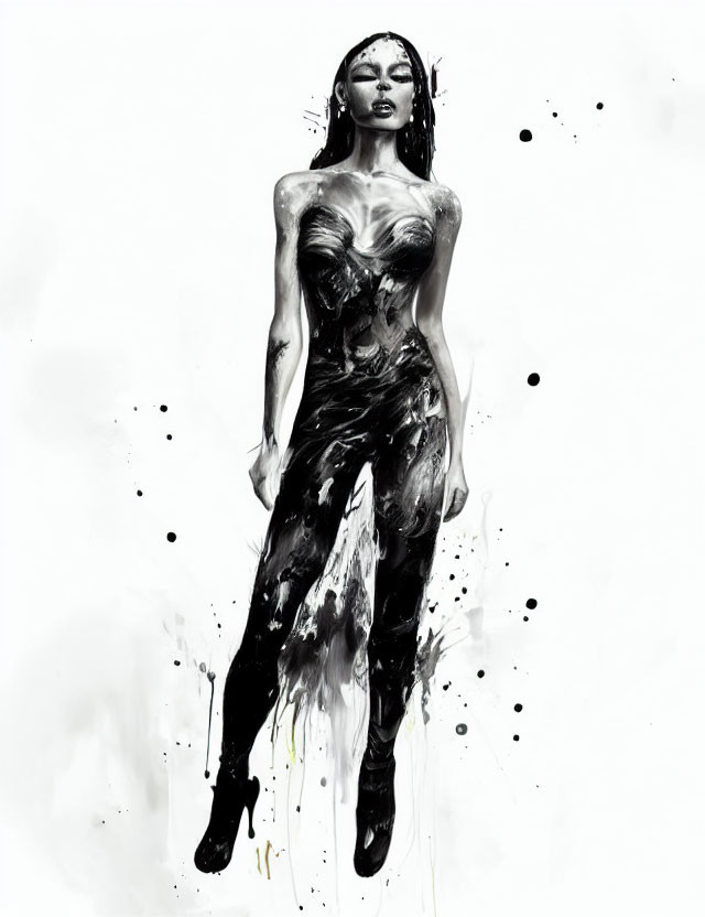 Monochrome artistic representation of a woman with paint-like textures conveying strength and fluidity