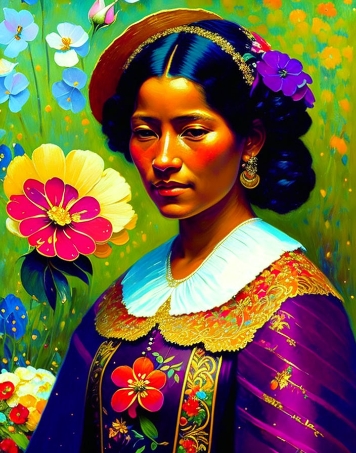 Colorful portrait of woman in traditional attire with flowers and jewelry on floral backdrop