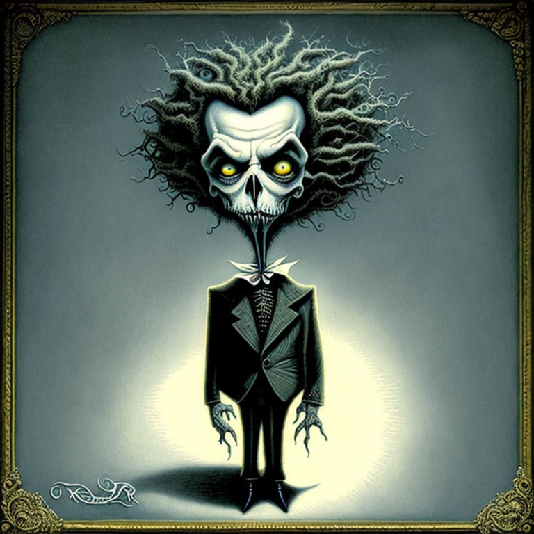 Skeleton with frizzy hair in suit within ornate border