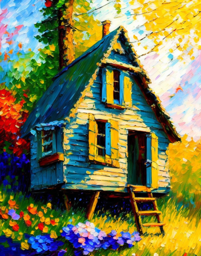 Colorful oil painting: Blue cottage in vibrant foliage under bright sky