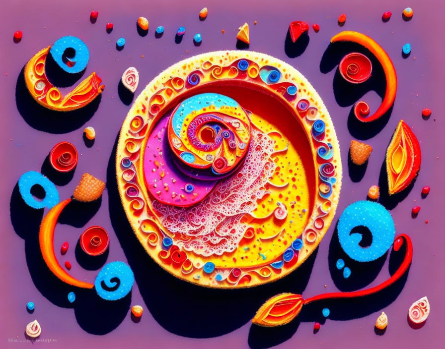 Abstract swirling circular pattern on vibrant purple background