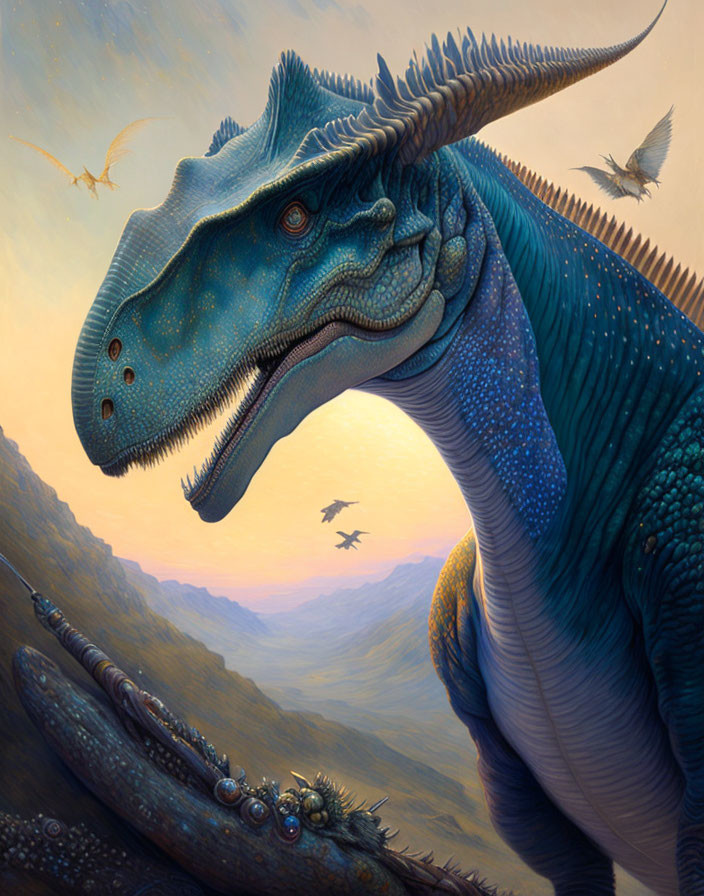 Detailed illustration of majestic blue dinosaur with crest and spikes on mountainside with flying birds.