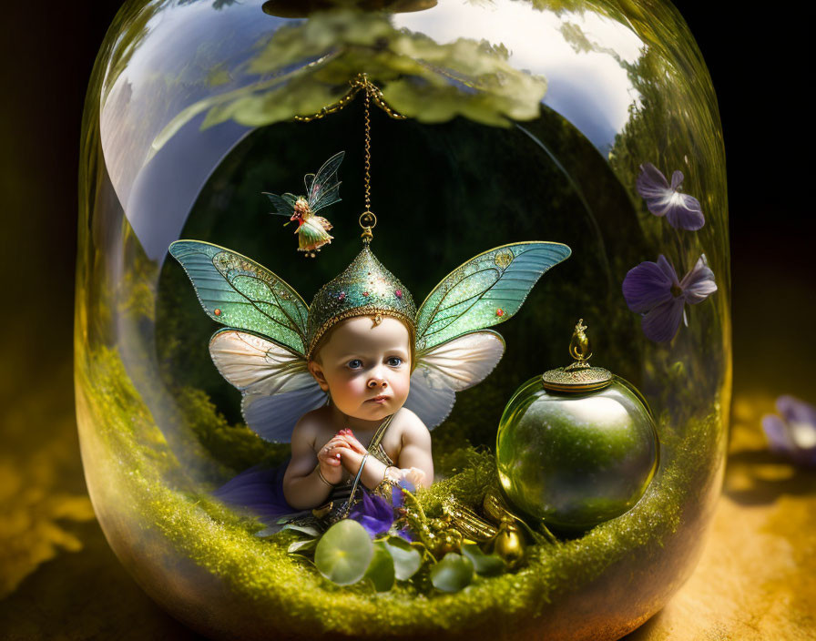 Whimsical baby with fairy wings in orb surrounded by nature elements