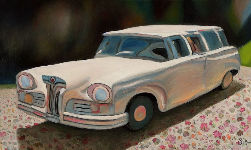 Vintage station wagon parked on path with pink flower petals in impressionistic style