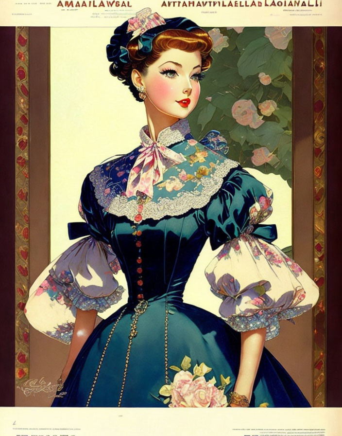 Vintage Blue Dress with Floral Accents and Puff Sleeves Illustration