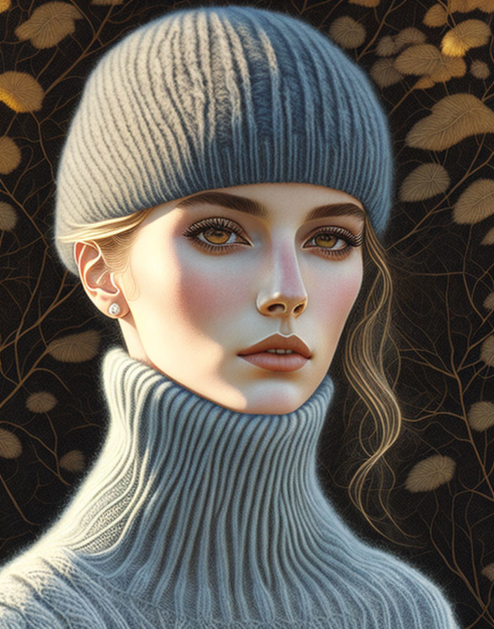 Digital Portrait of Woman in Grey Knitted Hat and Turtleneck on Black Background with Gold Leaf Patterns