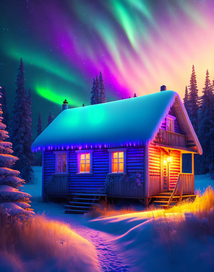 Snowy Forest Log Cabin Illuminated by Vibrant Aurora Borealis